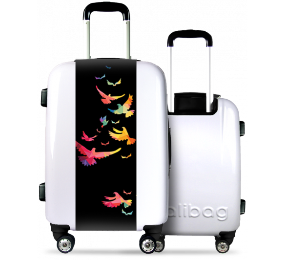 White Suitcase Multicolored Birds