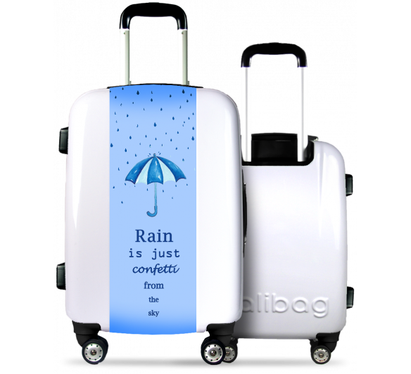 White Suitcase Rain and Confetti